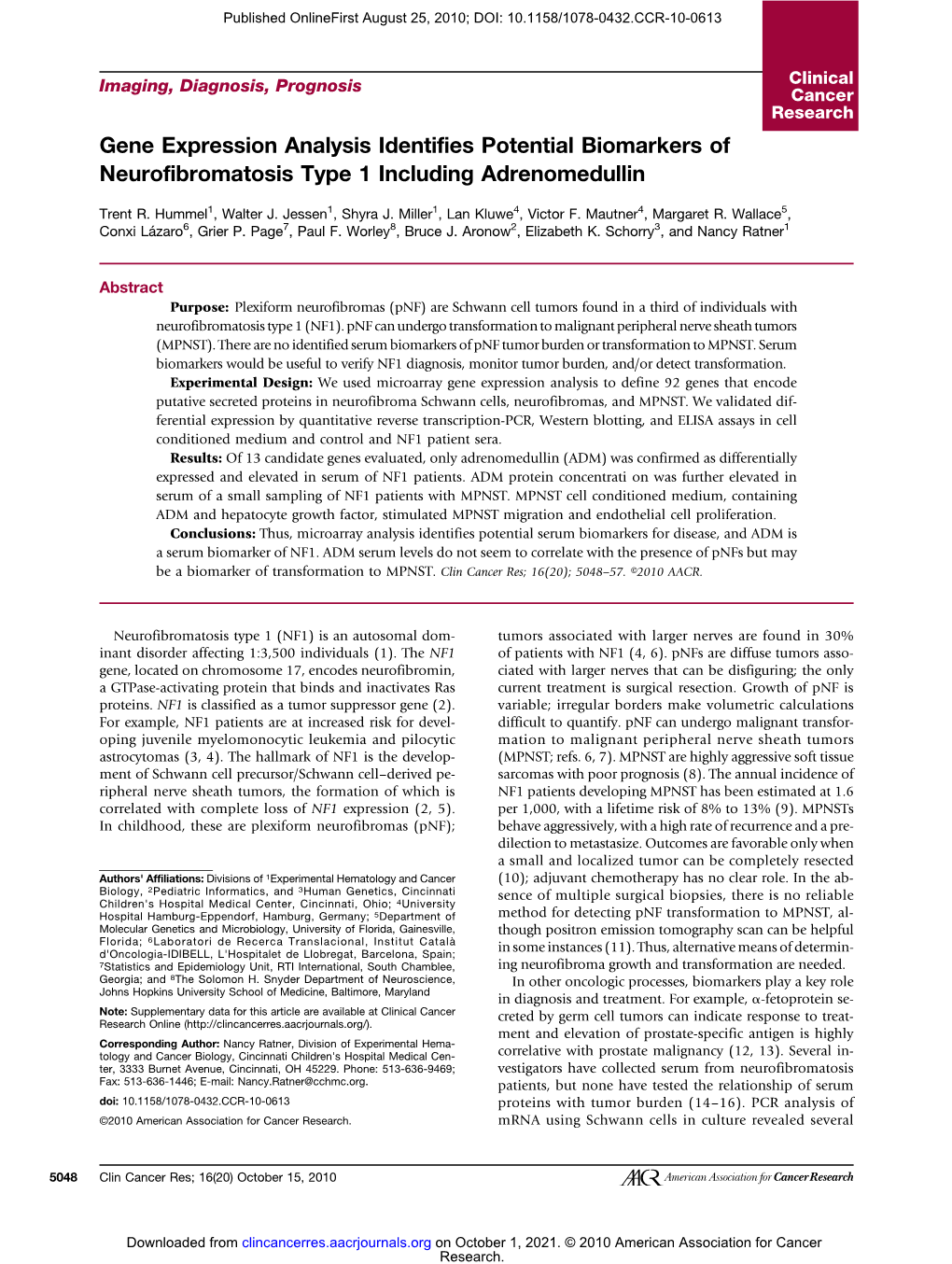 Gene Expression Analysis Identifies Potential Biomarkers of Neurofibromatosis Type 1 Including Adrenomedullin