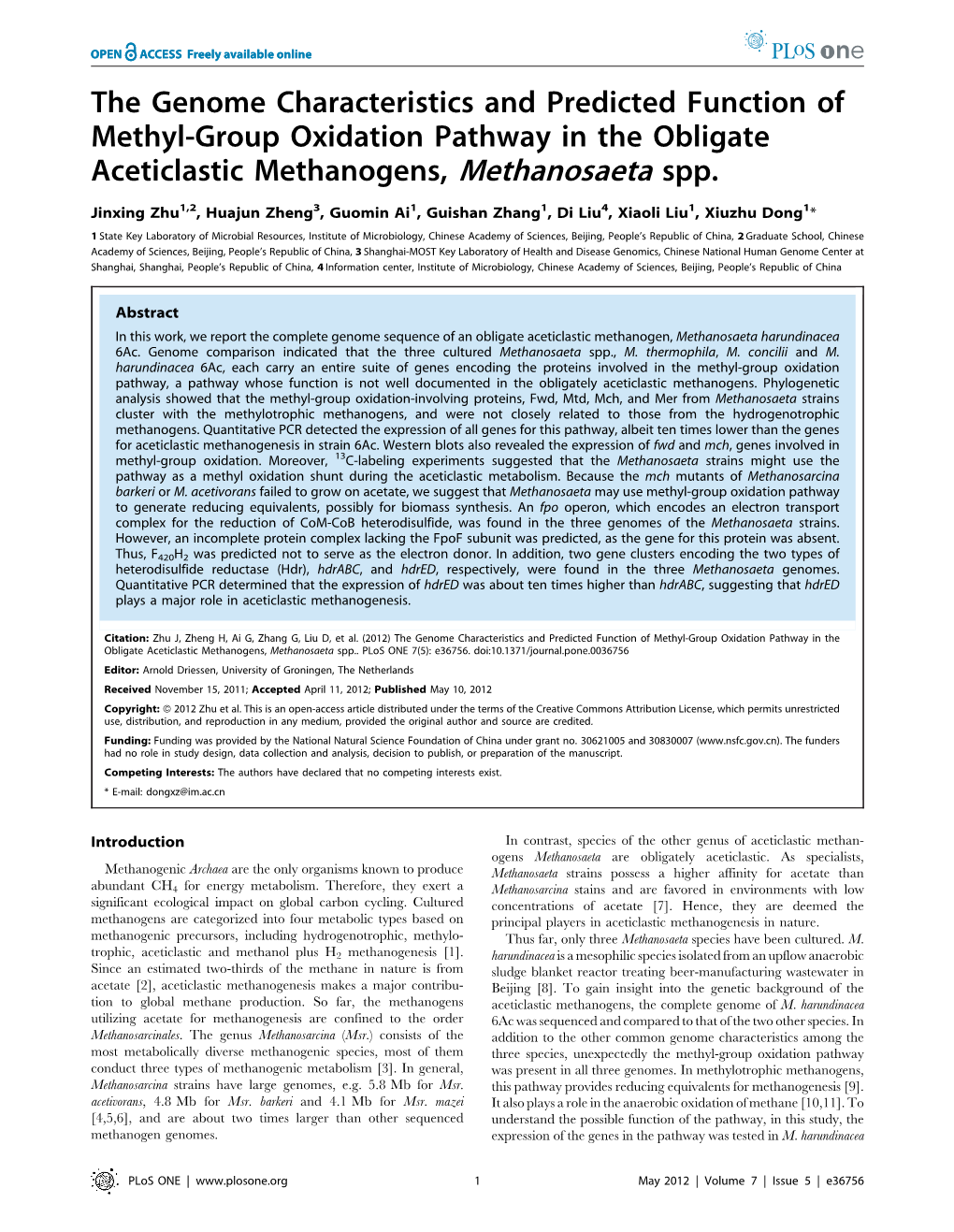 The Genome Characteristics and Predicted Function of Methyl-Group Oxidation Pathway in the Obligate Aceticlastic Methanogens, Methanosaeta Spp