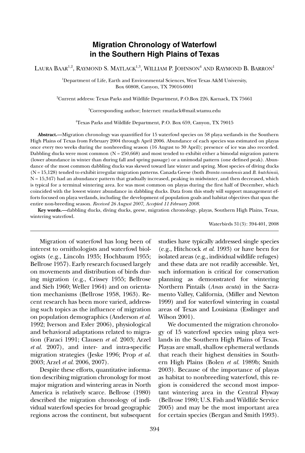 Migration Chronology of Waterfowl in the Southern High Plains of Texas