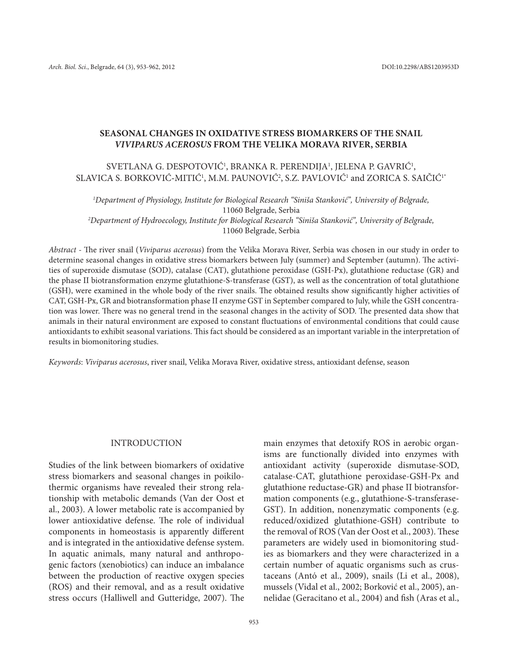 Seasonal Changes in Oxidative Stress Biomarkers of the Snail Viviparus Acerosus from the Velika Morava River, Serbia