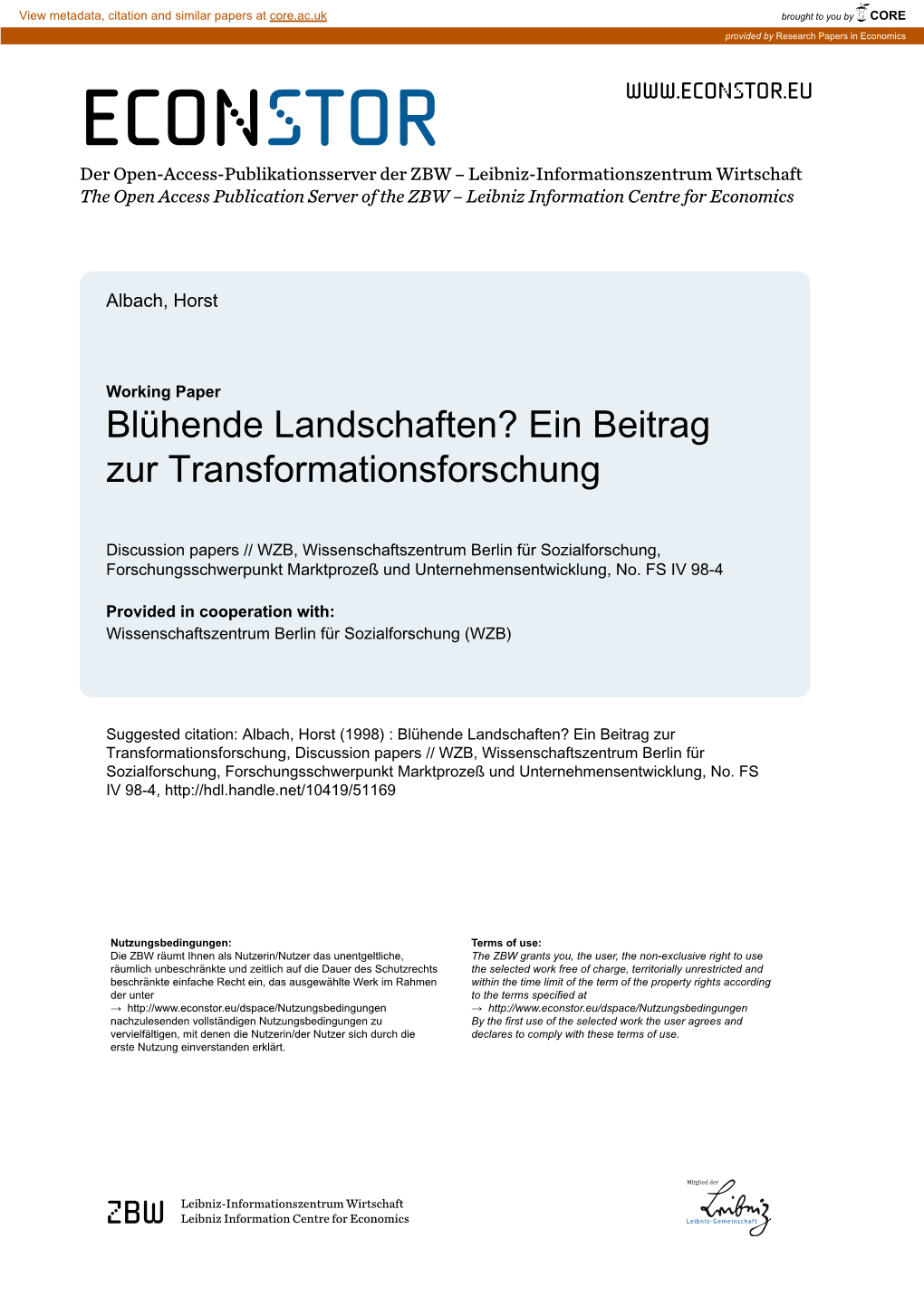 Blühende Landschaften? Ein Beitrag Zur Transformationsforschung