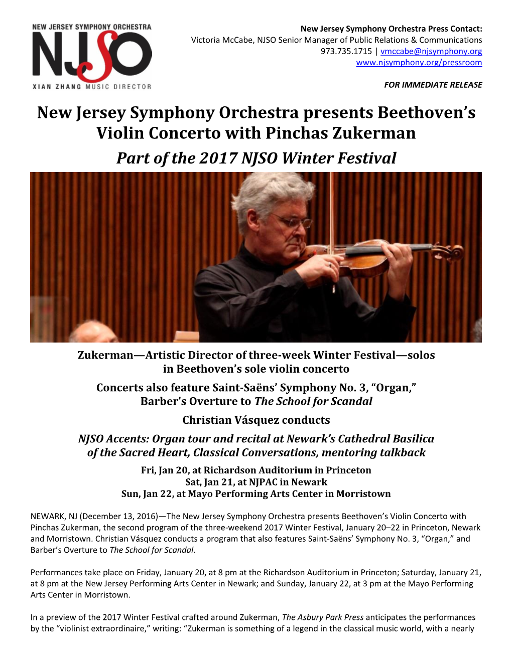 New Jersey Symphony Orchestra Presents Beethoven's Violin Concerto with Pinchas Zukerman