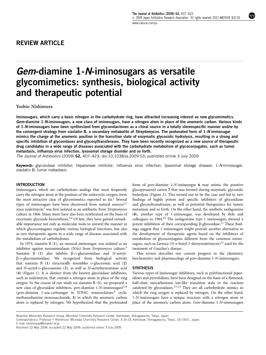 Gem-Diamine 1-N-Iminosugars As Versatile Glycomimetics: Synthesis, Biological Activity and Therapeutic Potential