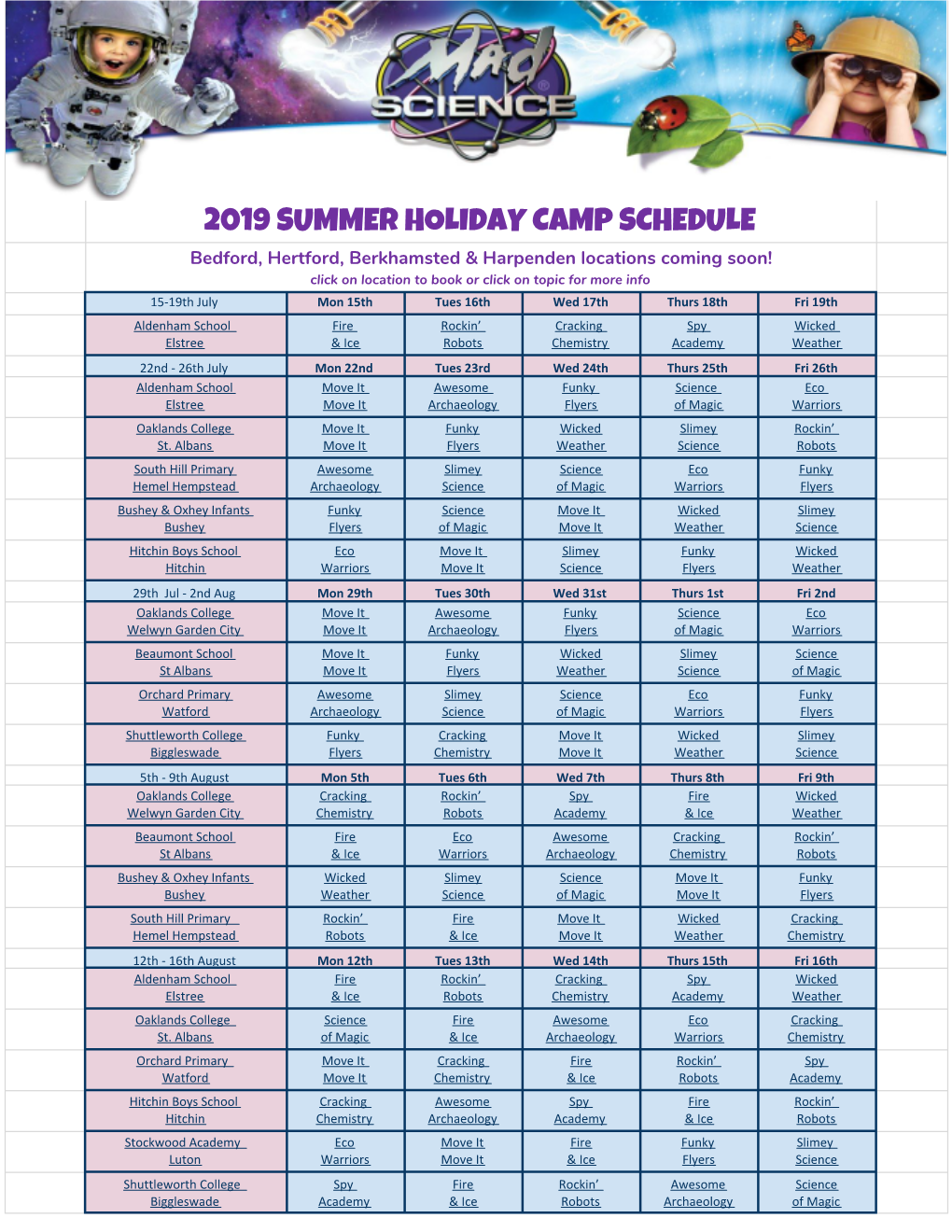 Summer Camp 2019 Schedule