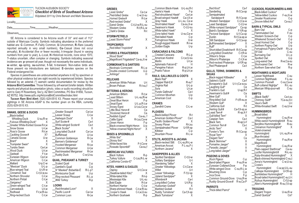 Checklist of Birds of Southeast Arizona