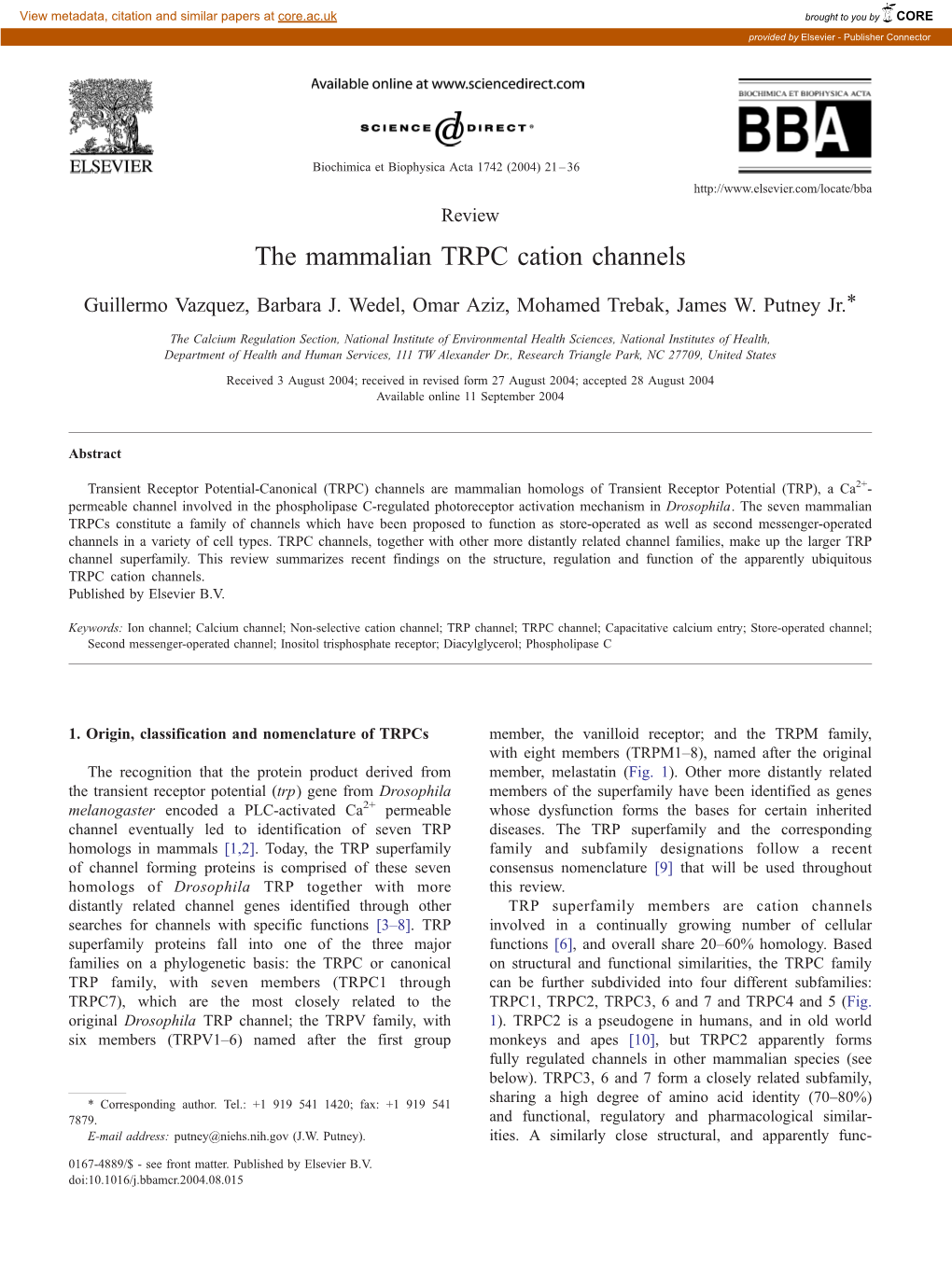 The Mammalian TRPC Cation Channels