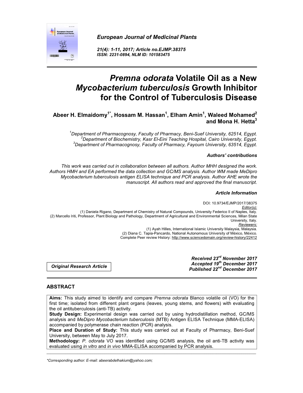 Premna Odorata Volatile Oil As a New Mycobacterium Tuberculosis Growth Inhibitor for the Control of Tuberculosis Disease