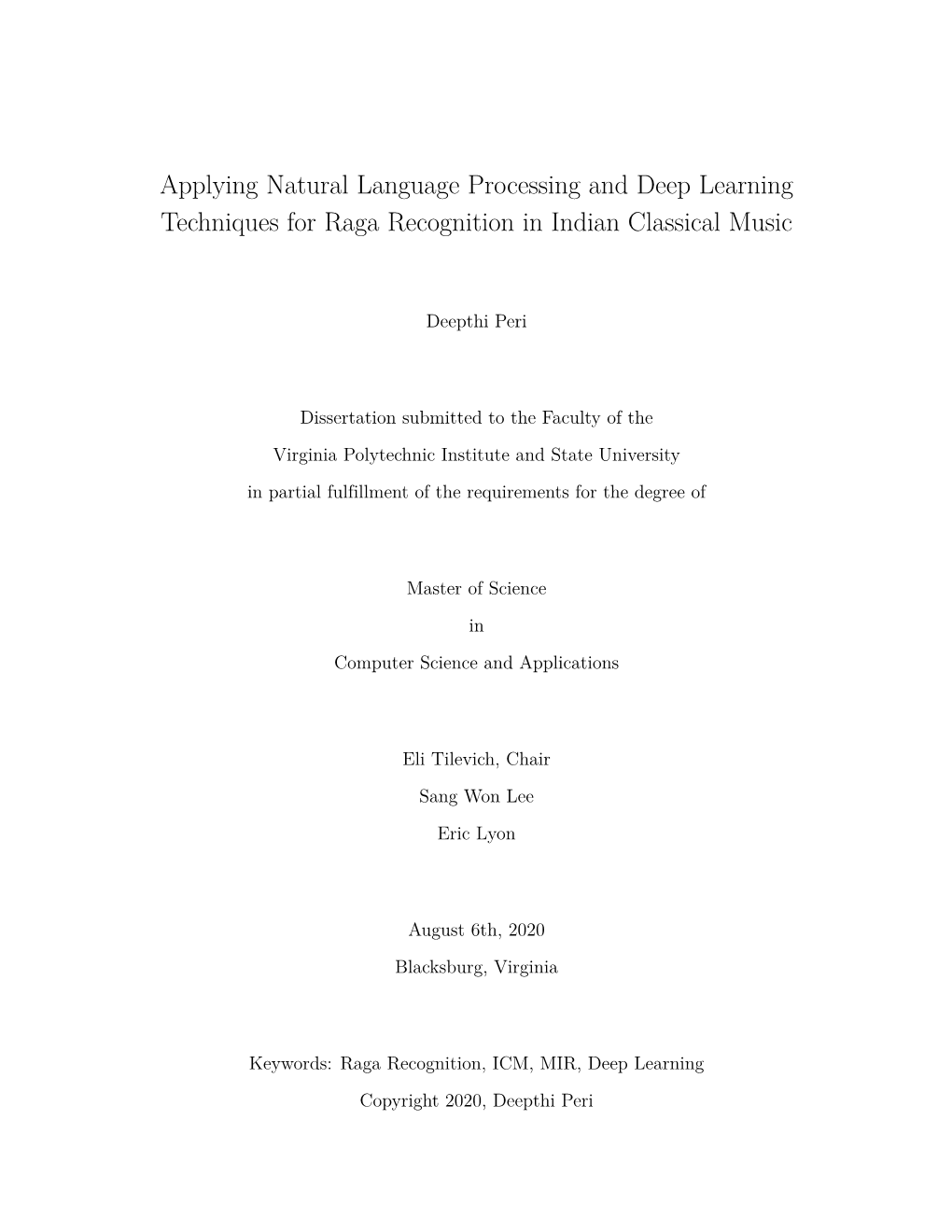 Applying Natural Language Processing and Deep Learning Techniques for Raga Recognition in Indian Classical Music