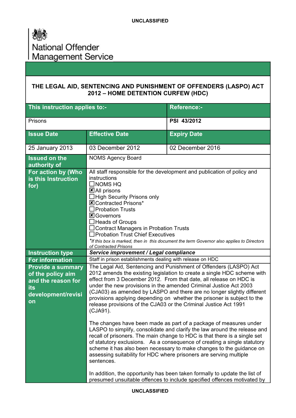 The Legal Aid, Sentencing and Punishment of Offenders (Laspo) Act 2012 Home Detention Curfew