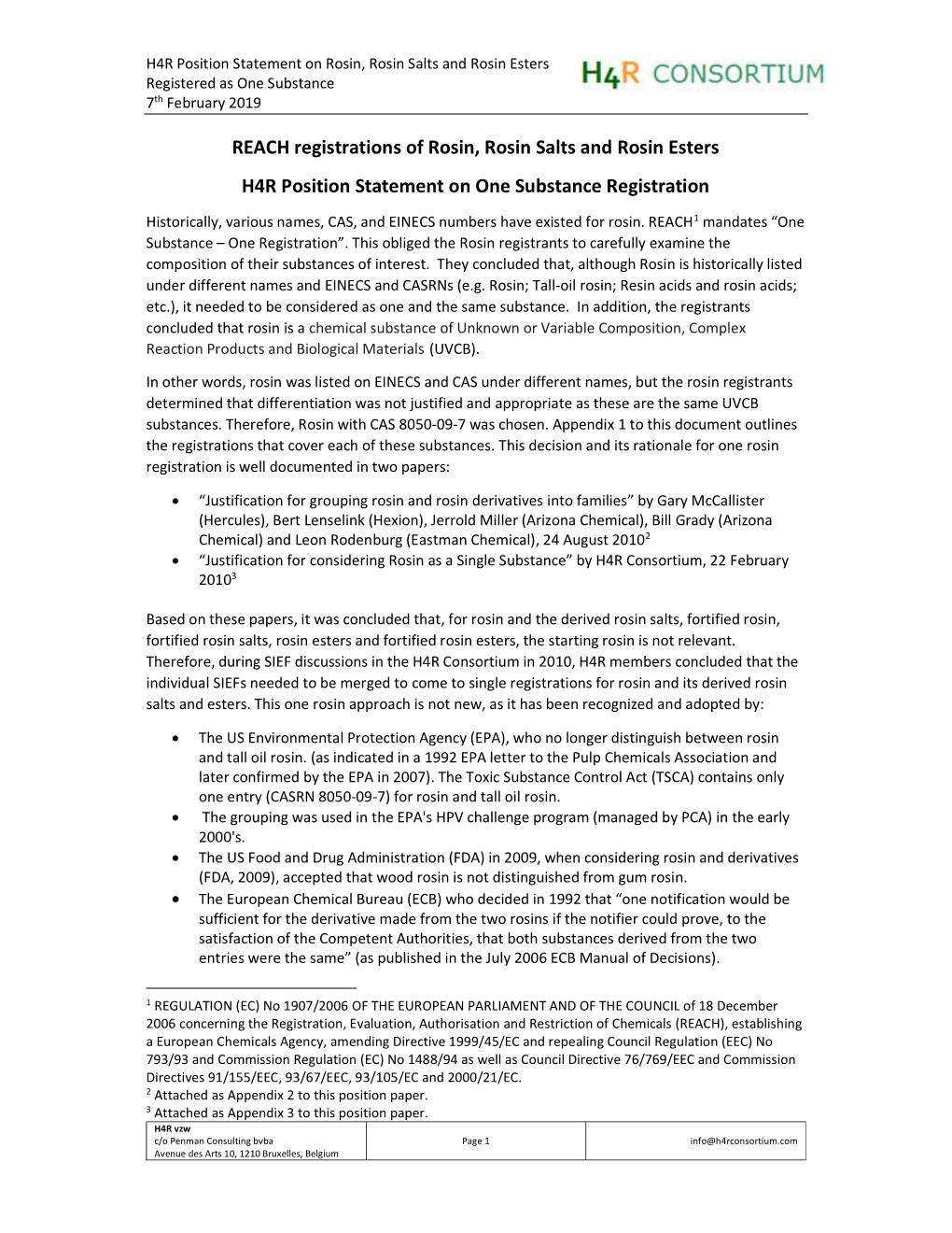 H4R Position on Rosin As One Substance For