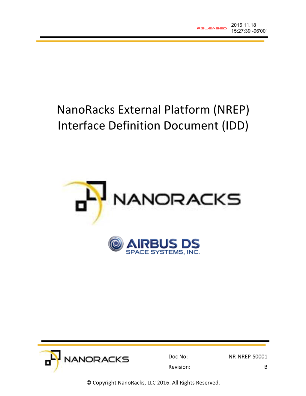 Nanoracks External Platform (NREP) Interface Definition Document (IDD)