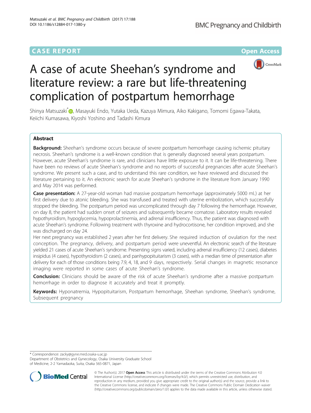 A Case of Acute Sheehan's Syndrome and Literature Review: a Rare but Life