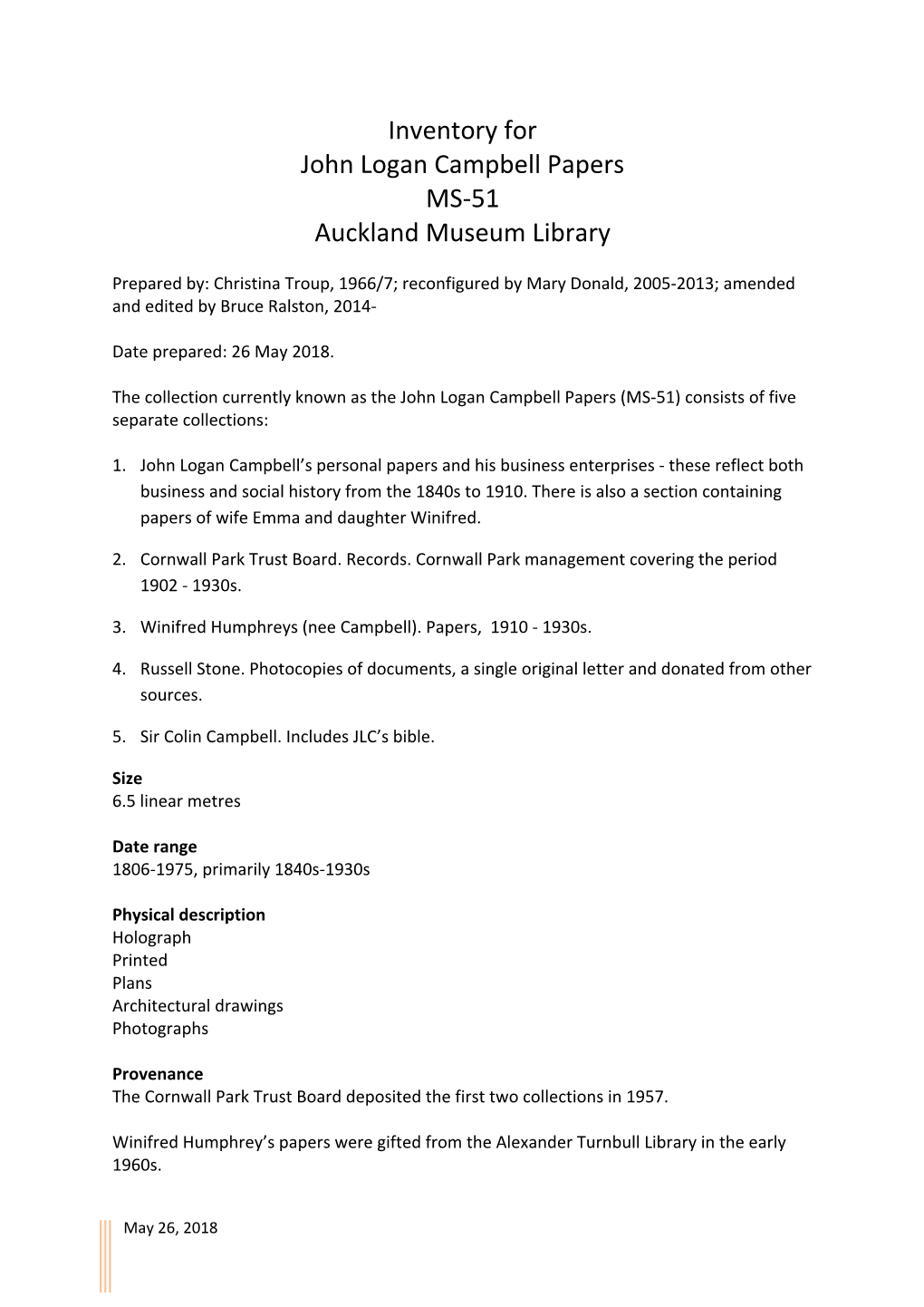 Inventory for John Logan Campbell Papers MS-51 Auckland Museum