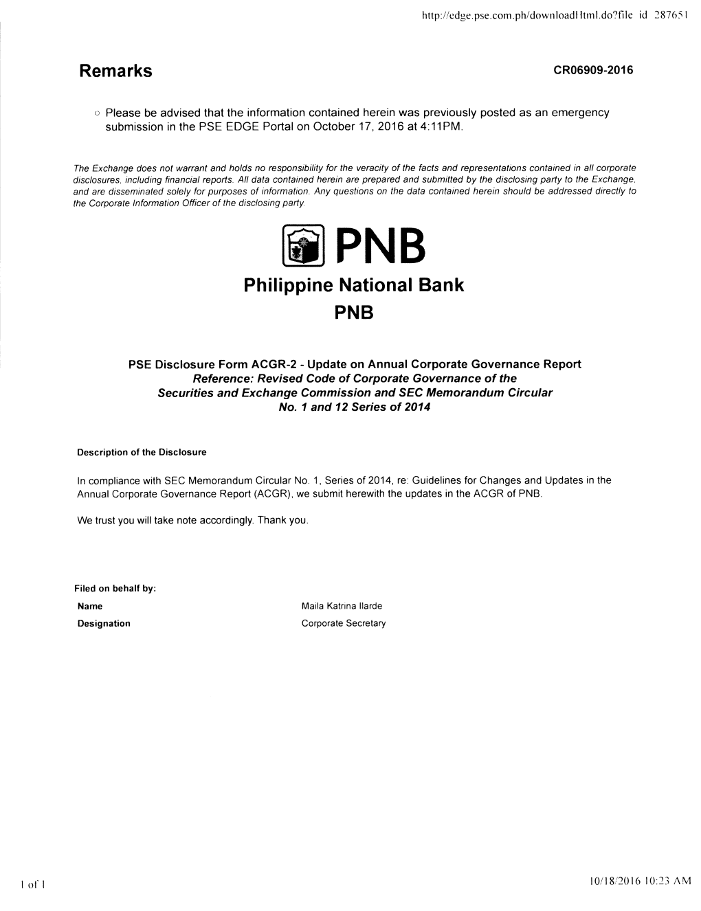 Updates in the ACGR of PNB