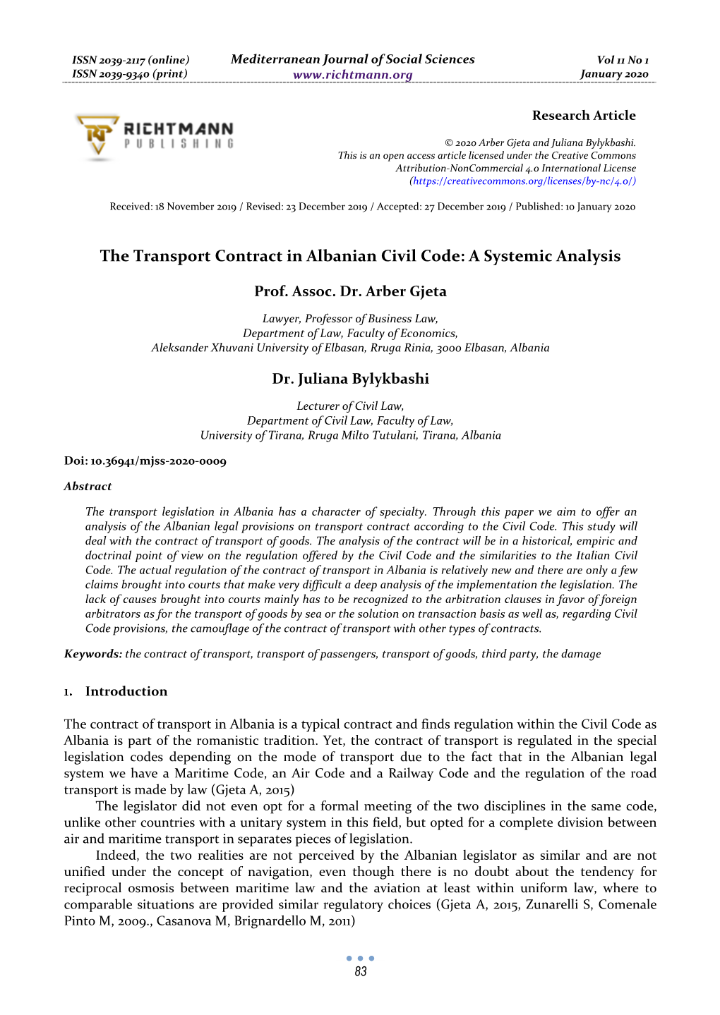 The Transport Contract in Albanian Civil Code: a Systemic Analysis