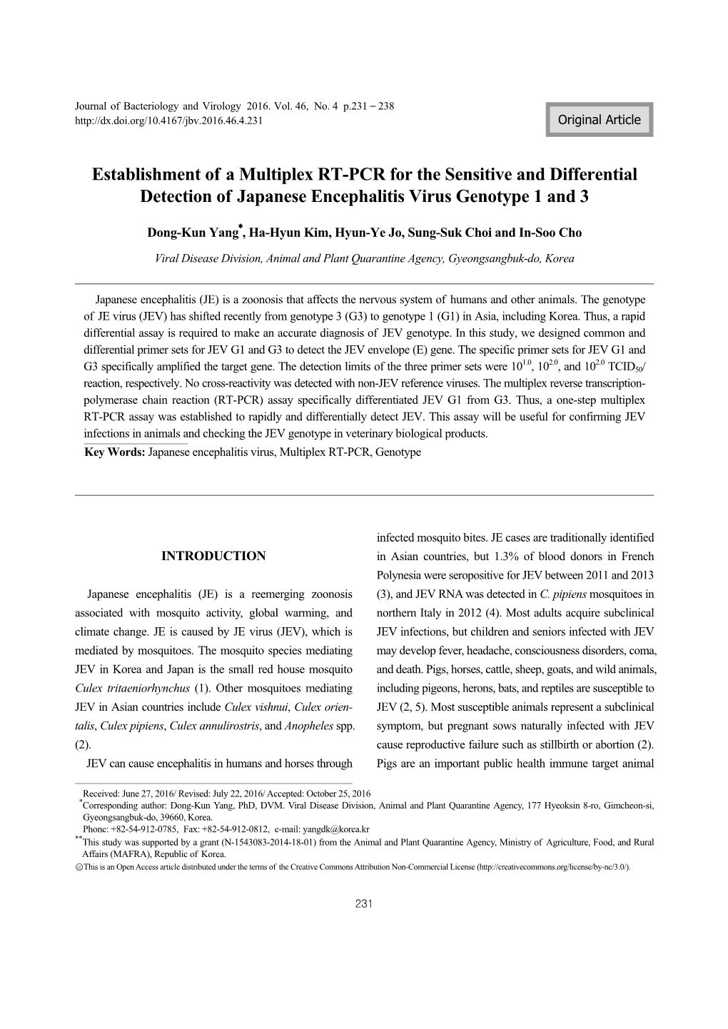 Establishment of a Multiplex RT-PCR for the Sensitive and Differential Detection of Japanese Encephalitis Virus Genotype 1 and 3