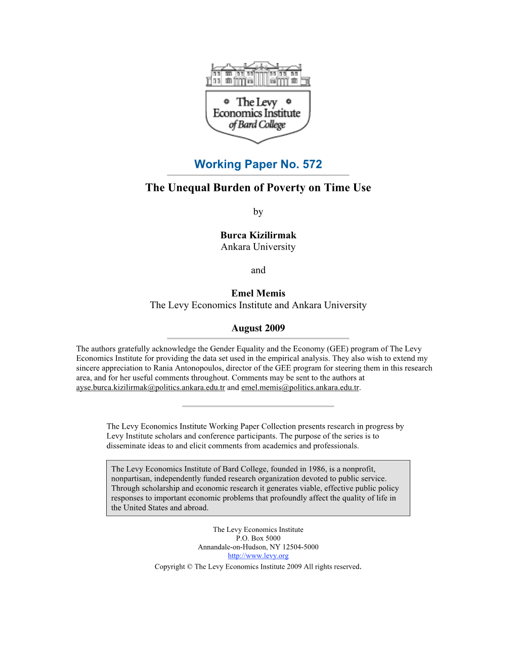 Working Paper No. 572 the Unequal Burden of Poverty on Time Use