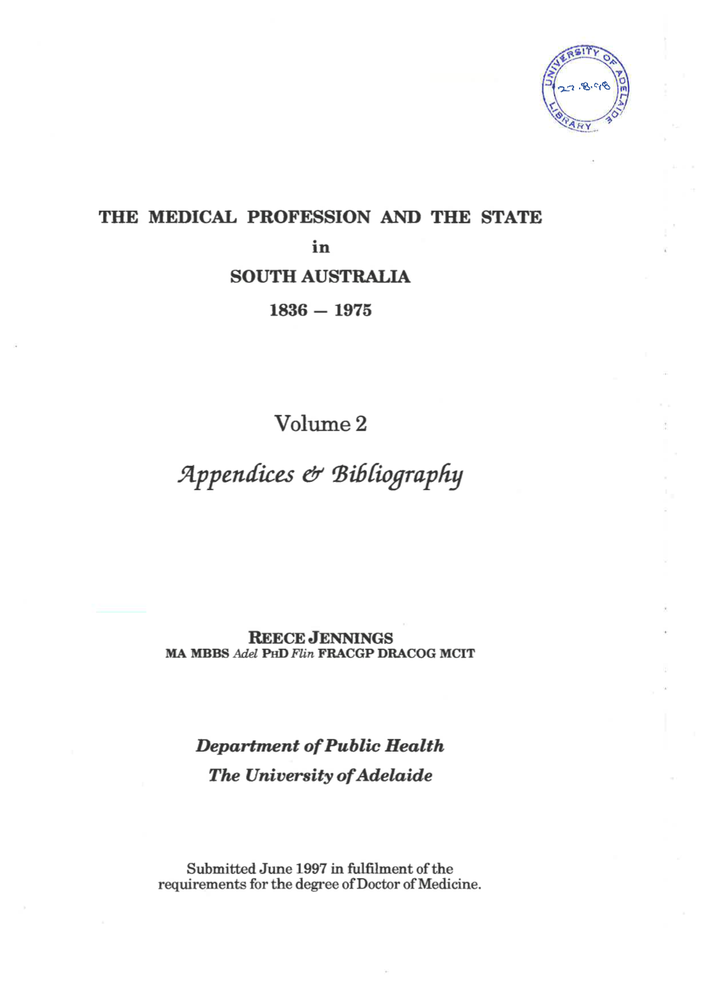 The Medical Profession and the State in South Australia