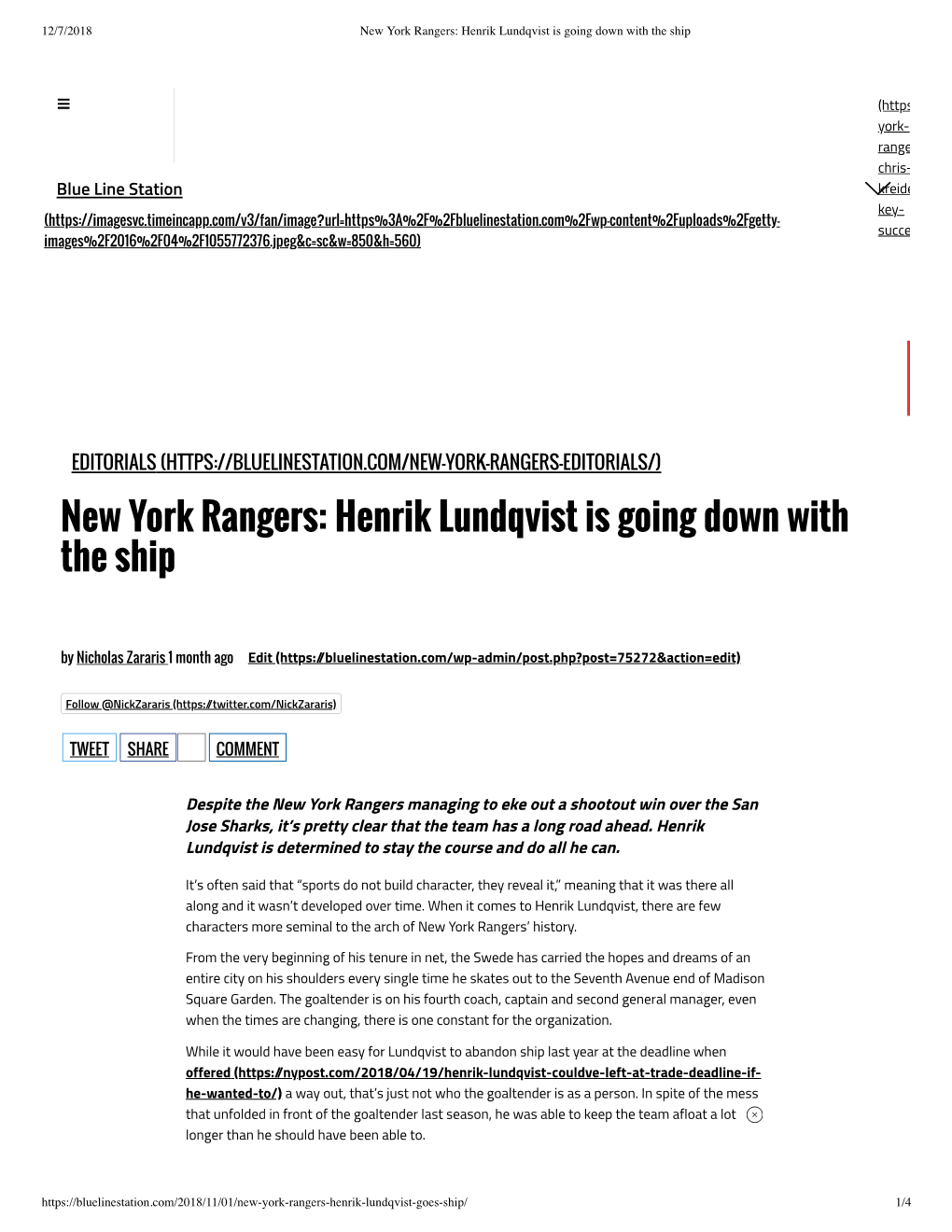 New York Rangers: Henrik Lundqvist Is Going Down with the Ship