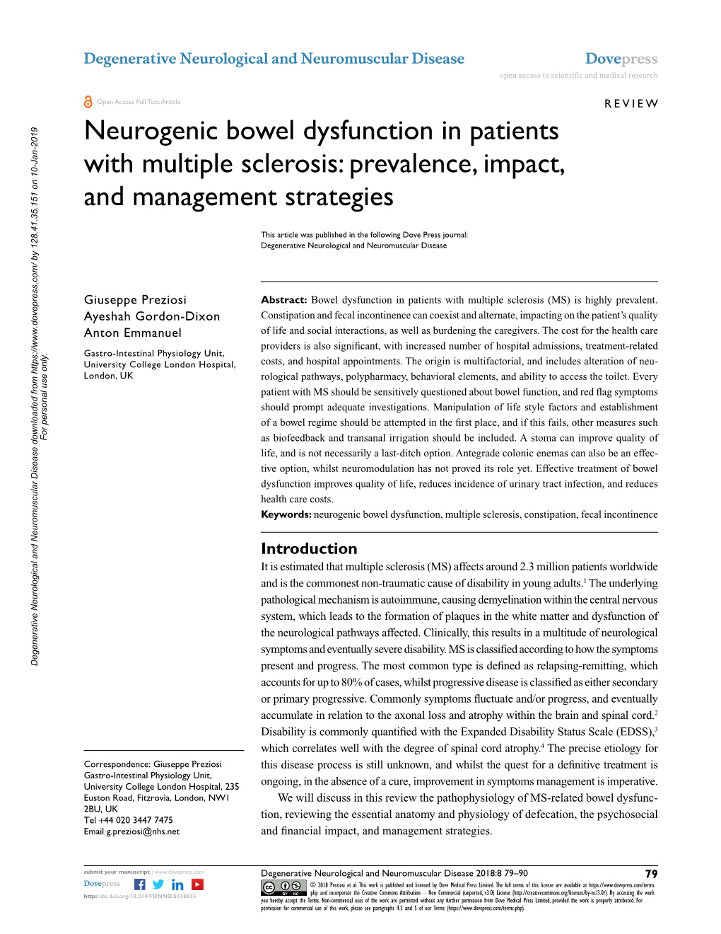 Neurogenic Bowel Dysfunction in Patients with Multiple Sclerosis Open Access to Scientific and Medical Research DOI