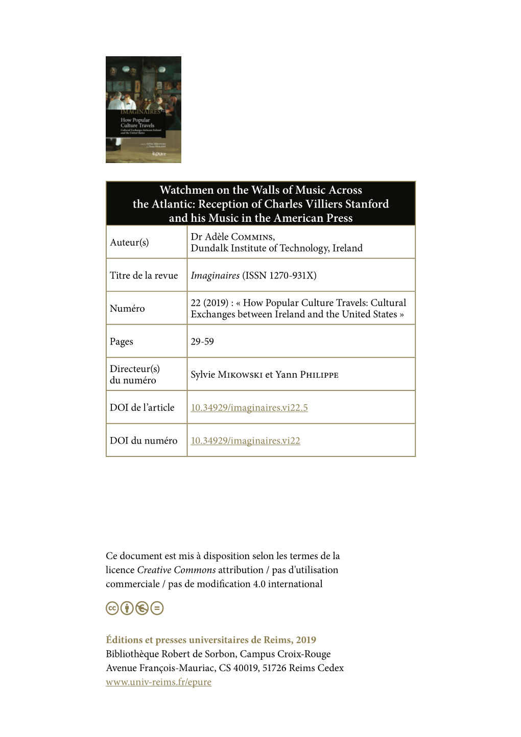 Reception of Charles Villiers Stanford and His Music in the American Press Dr Adèle Commins, Auteur(S) Dundalk Institute of Technology, Ireland