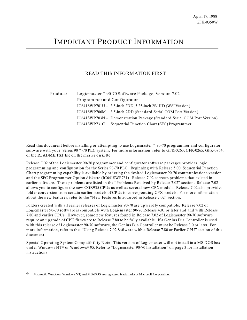 IPI, Logicmaster 90-70 S/W Pkg, V7.02 Pgmr and Conf, GFK-0350W