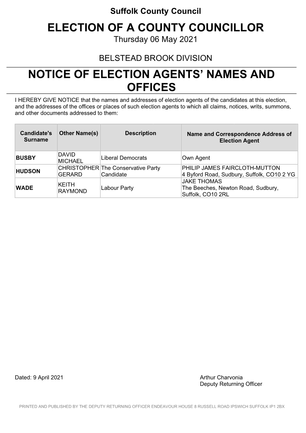 Notice of Election Agents Babergh