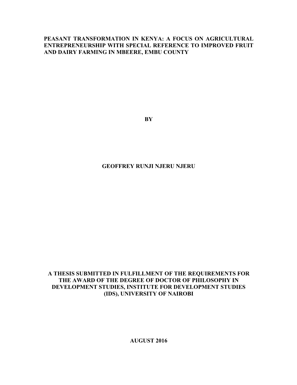 Peasant Transformation in Kenya: a Focus on Agricultural Entrepreneurship with Special Reference to Improved Fruit and Dairy Farming in Mbeere, Embu County