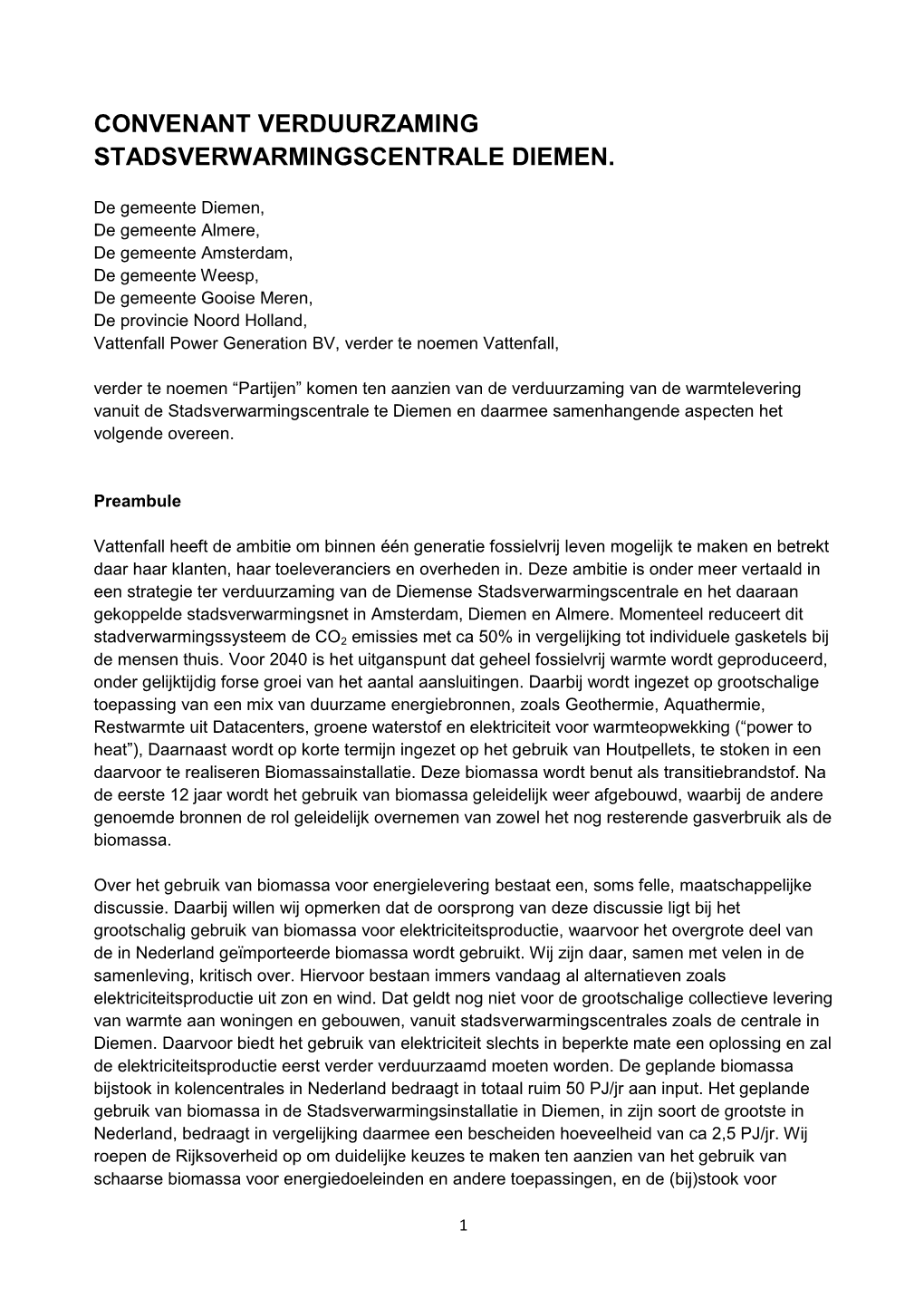 Convenant Verduurzaming Stadsverwarmingscentrale Diemen