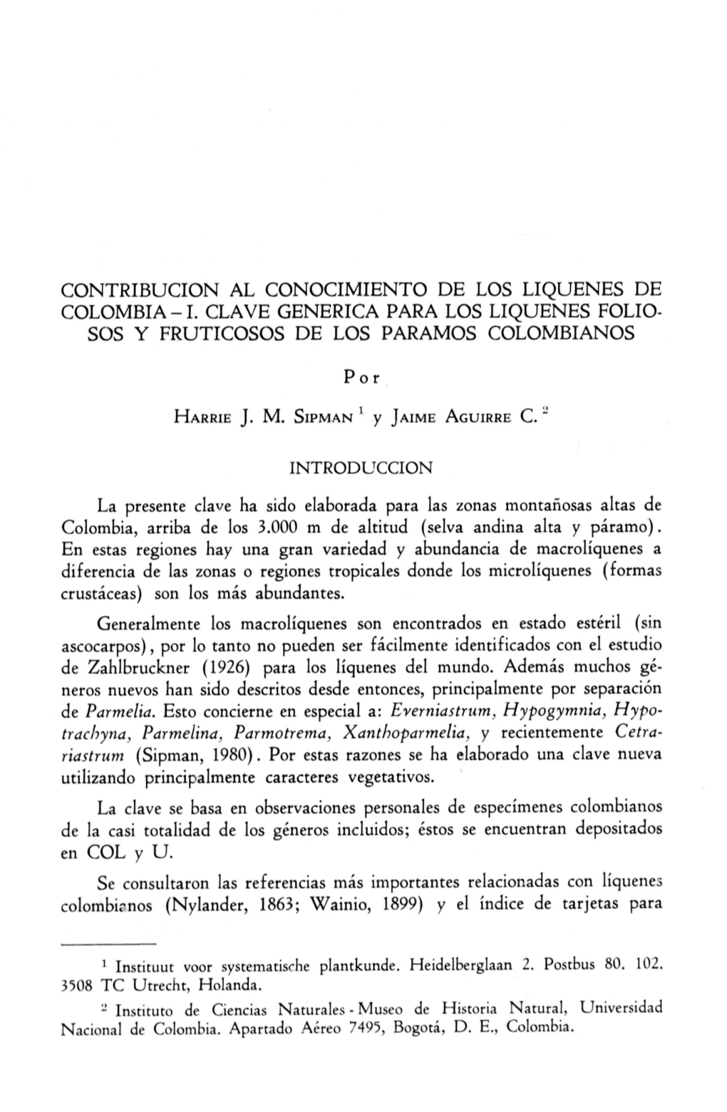 1. Clave Generica Para Los Liquenes Folio- Sos Y Fruticosos De Los Paramos Colombianos