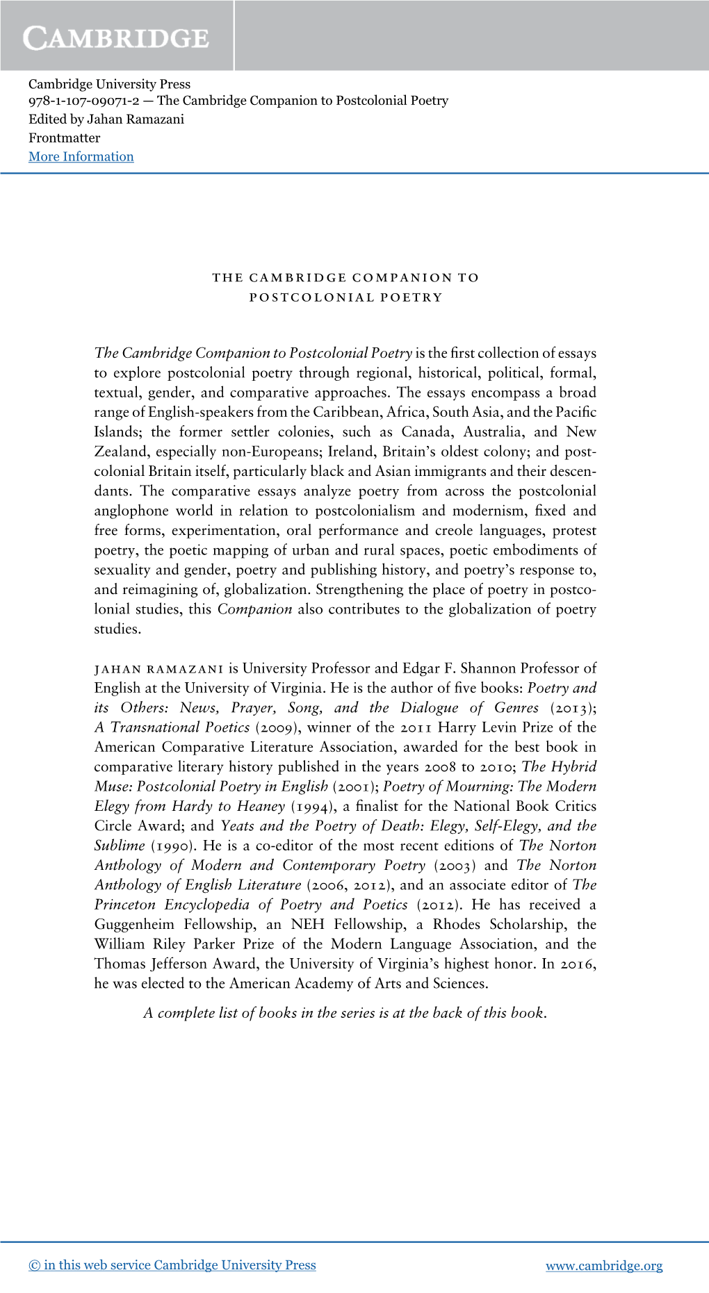 The Cambridge Companion to Postcolonial Poetry Edited by Jahan Ramazani Frontmatter More Information