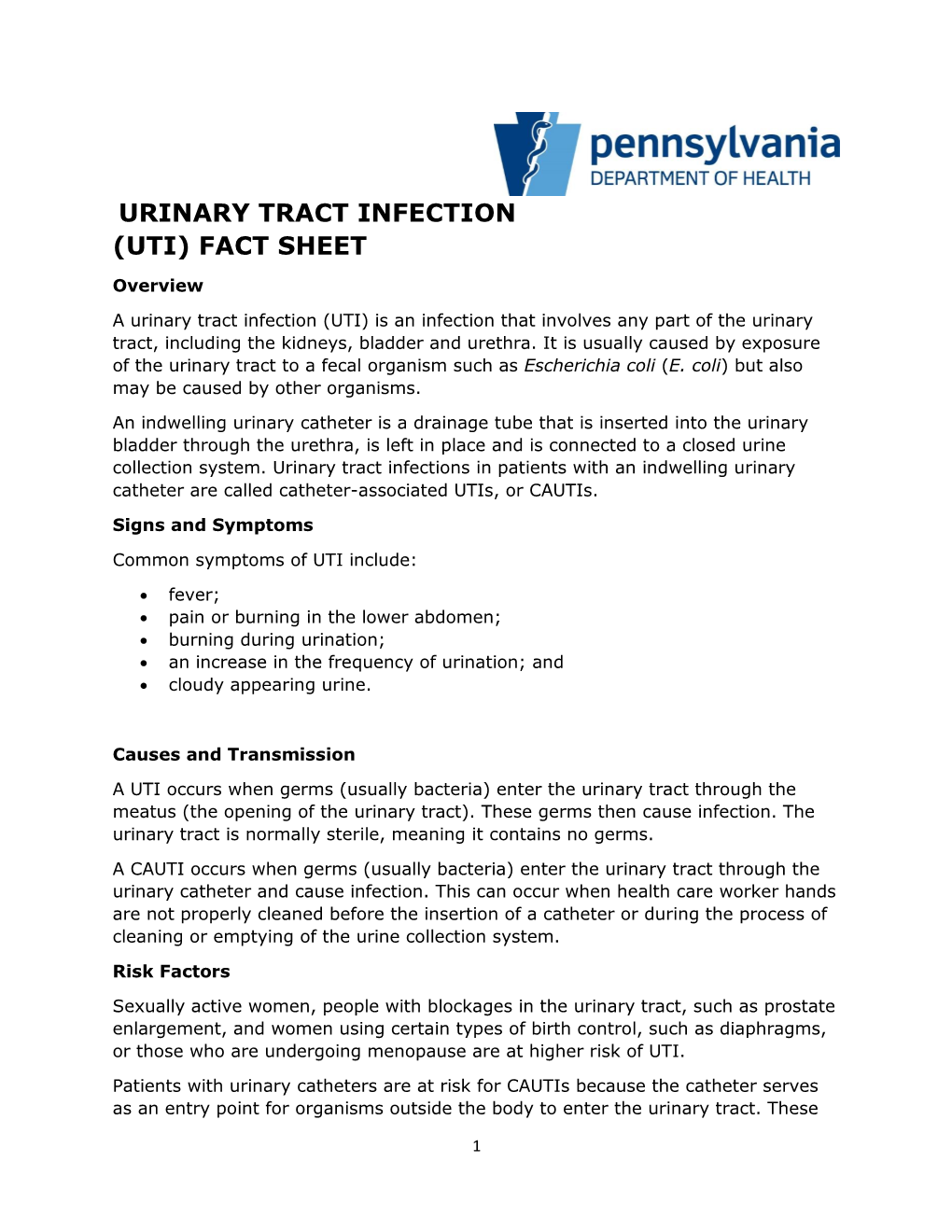 Urinary Tract Infection (Uti) Fact Sheet