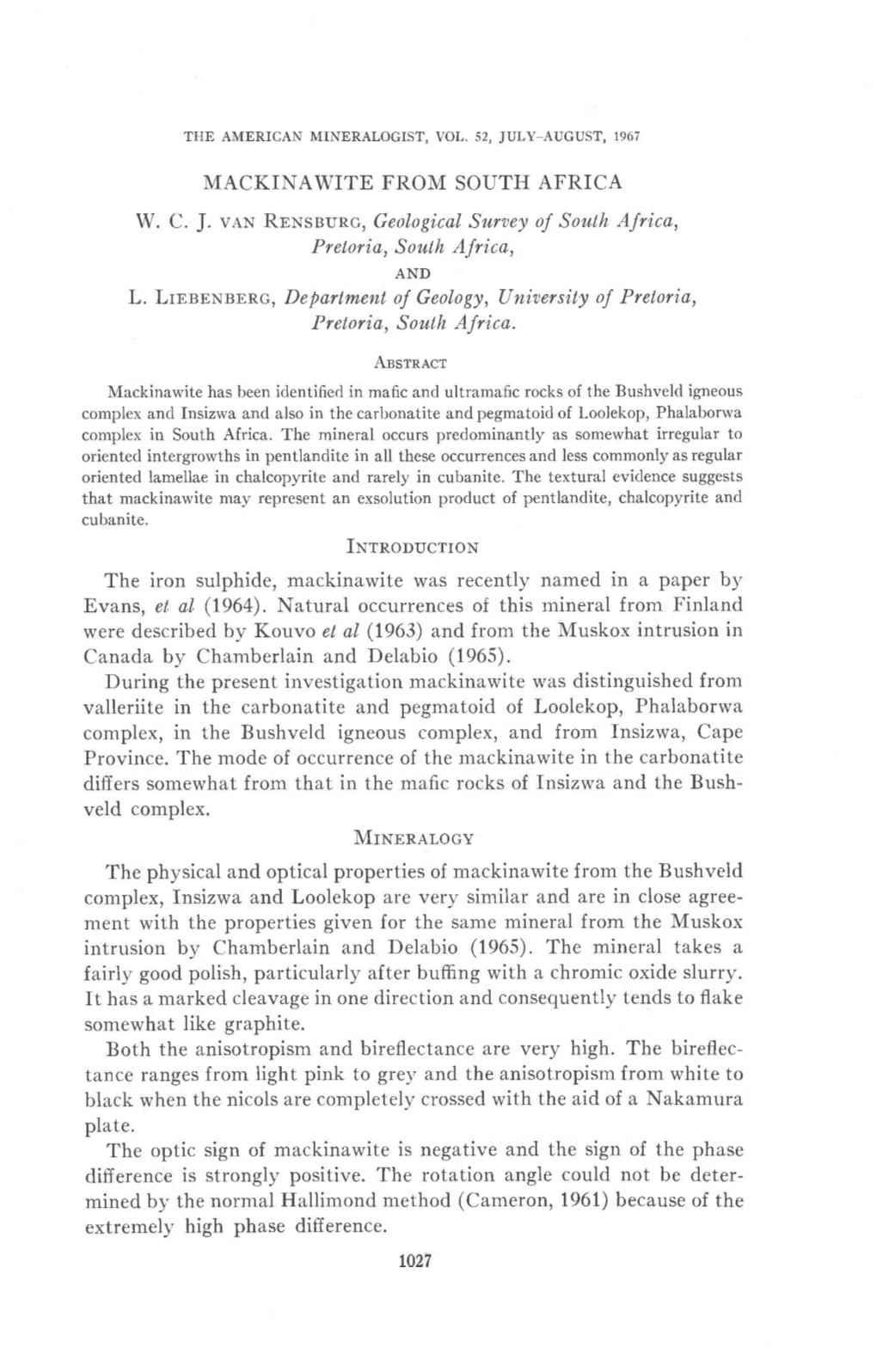 MACKINAWITE from SOUTH AFRICA W. C J. Van RDNSBU*.O, Geological Surtey Oj Soulh Africa, Preloria, Soulh A.[Ri Co, L. Lrbnunsbyc