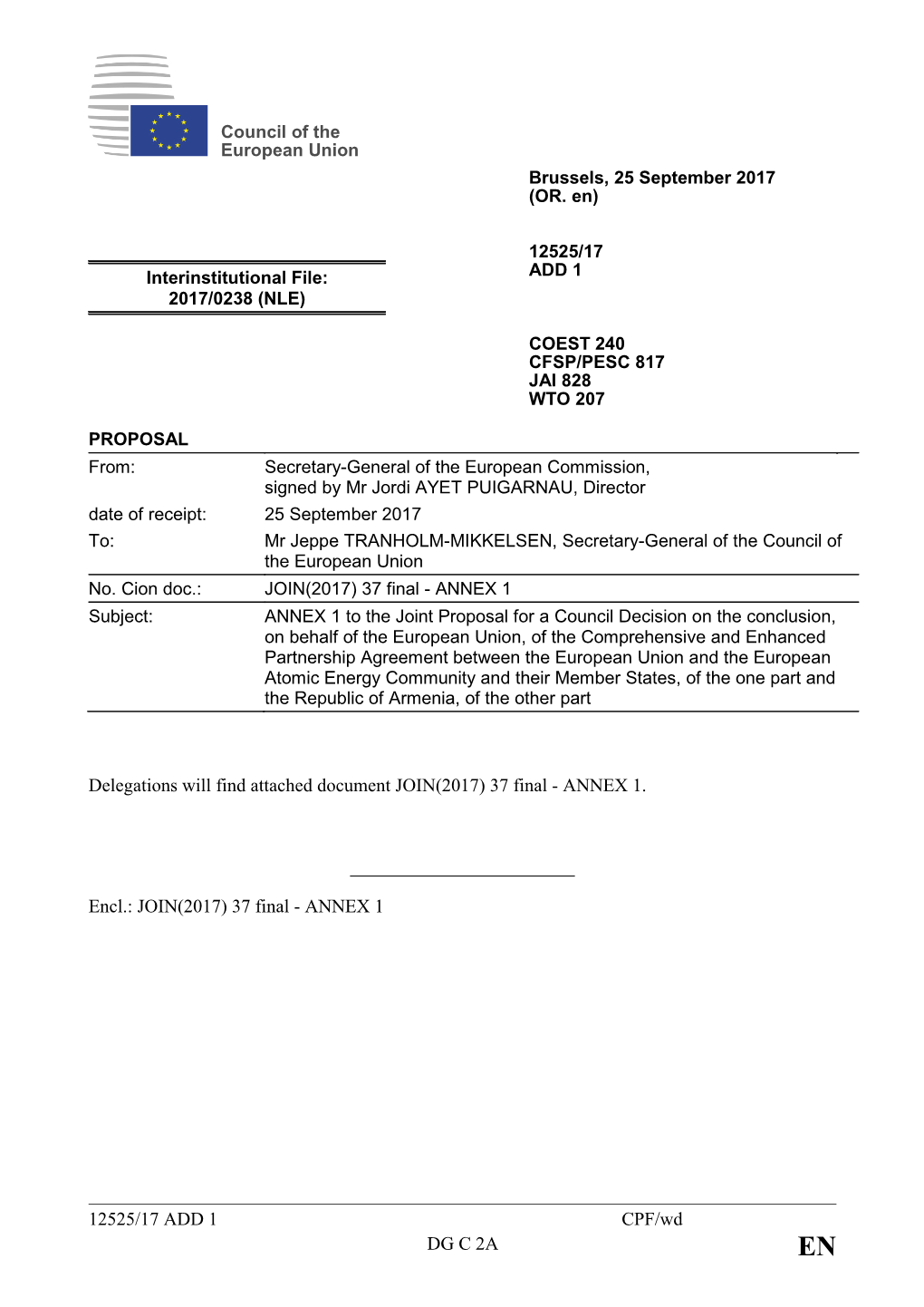 Agreement Between the European Union and the European Atomic Energy Community and Their Member States, of the One Part and the Republic of Armenia, of the Other Part