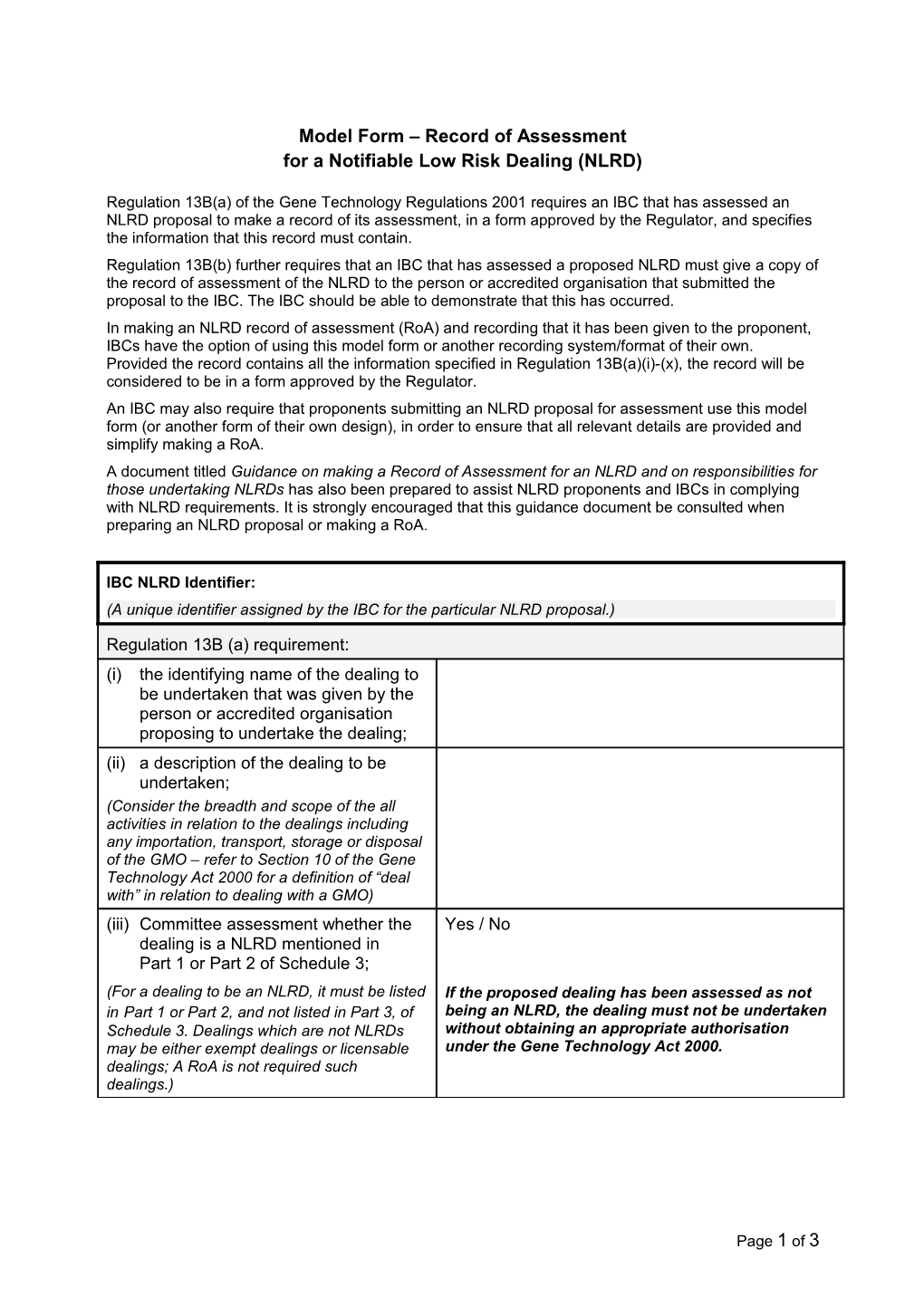 Notifiable Low Risk Dealing