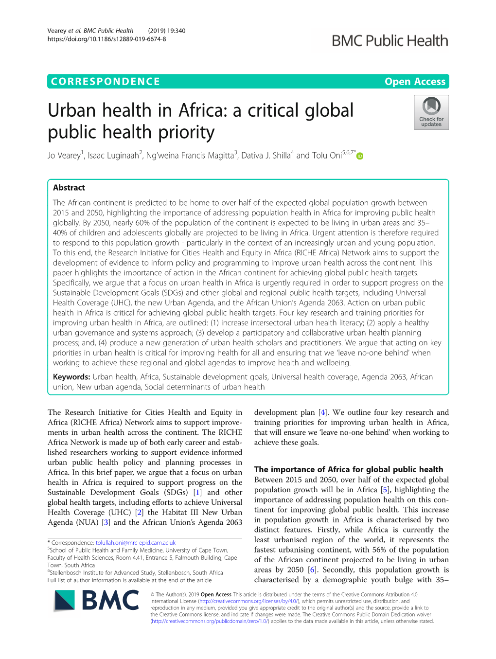 Urban Health in Africa: a Critical Global Public Health Priority Jo Vearey1, Isaac Luginaah2,Ng’Weina Francis Magitta3, Dativa J