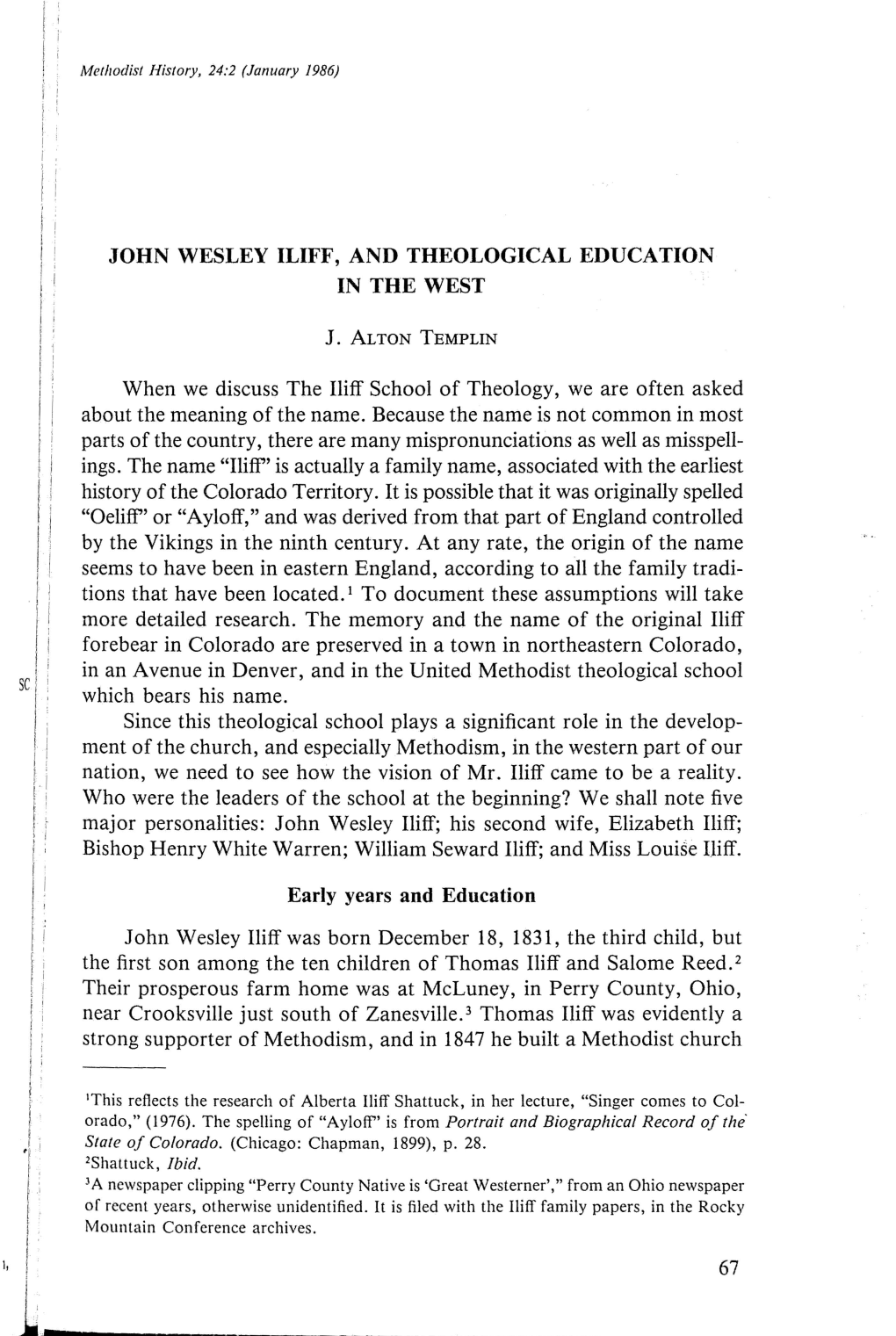 John Wesley Iliff, and Theological Education in the West