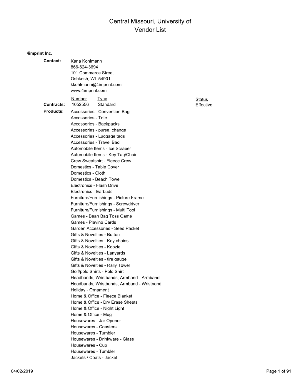 Central Missouri, University of Vendor List