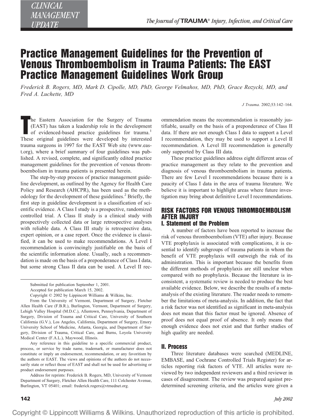 Practice Management Guidelines for the Prevention of Venous Thromboembolism in Trauma Patients: the EAST Practice Management Guidelines Work Group Frederick B
