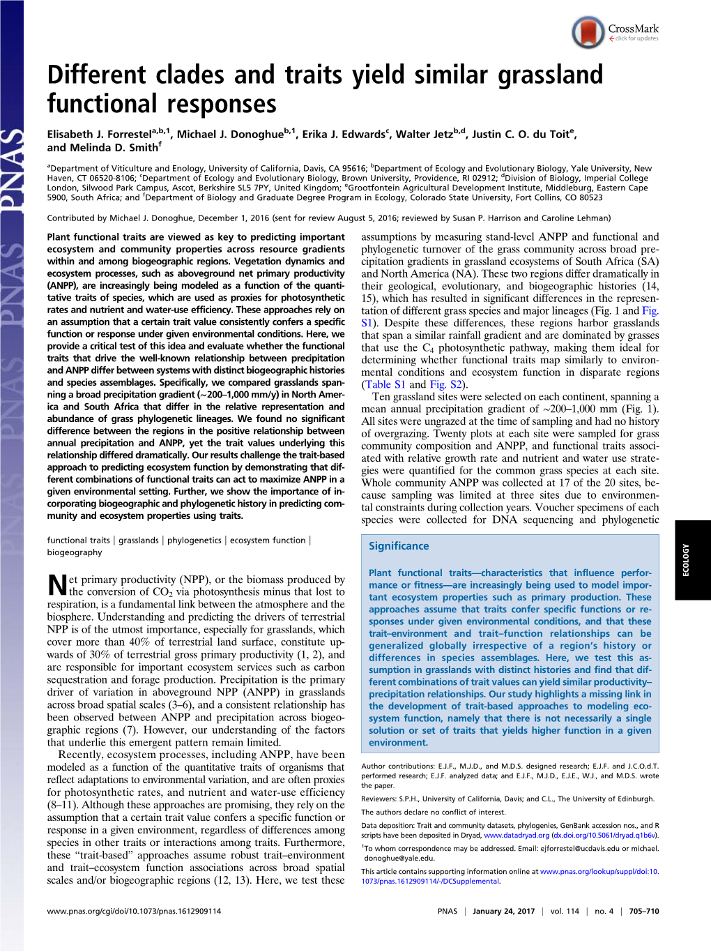 Different Clades and Traits Yield Similar Grassland Functional Responses