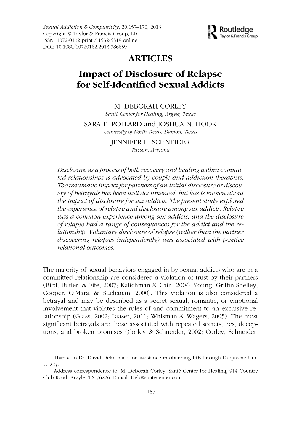 Impact of Disclosure of Relapse for Self-Identified Sexual Addicts