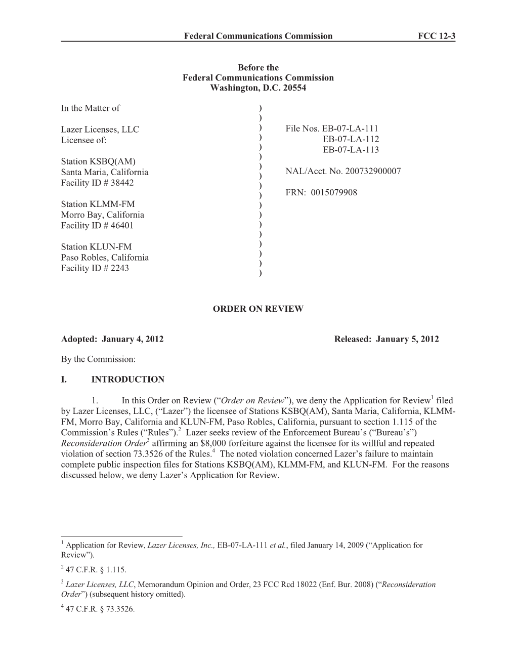 Federal Communications Commission FCC 12-3 Before the Federal