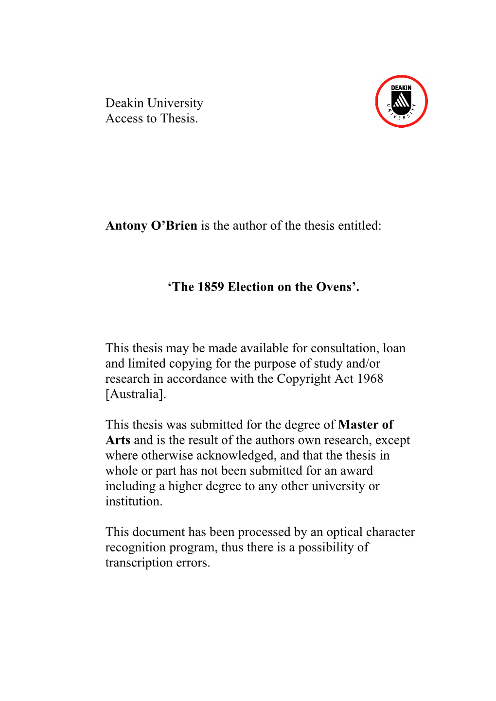 The 1859 Election on the Ovens’