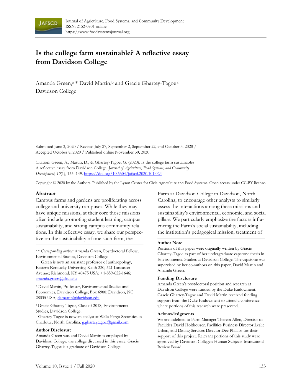 Is the College Farm Sustainable? a Reflective Essay from Davidson College