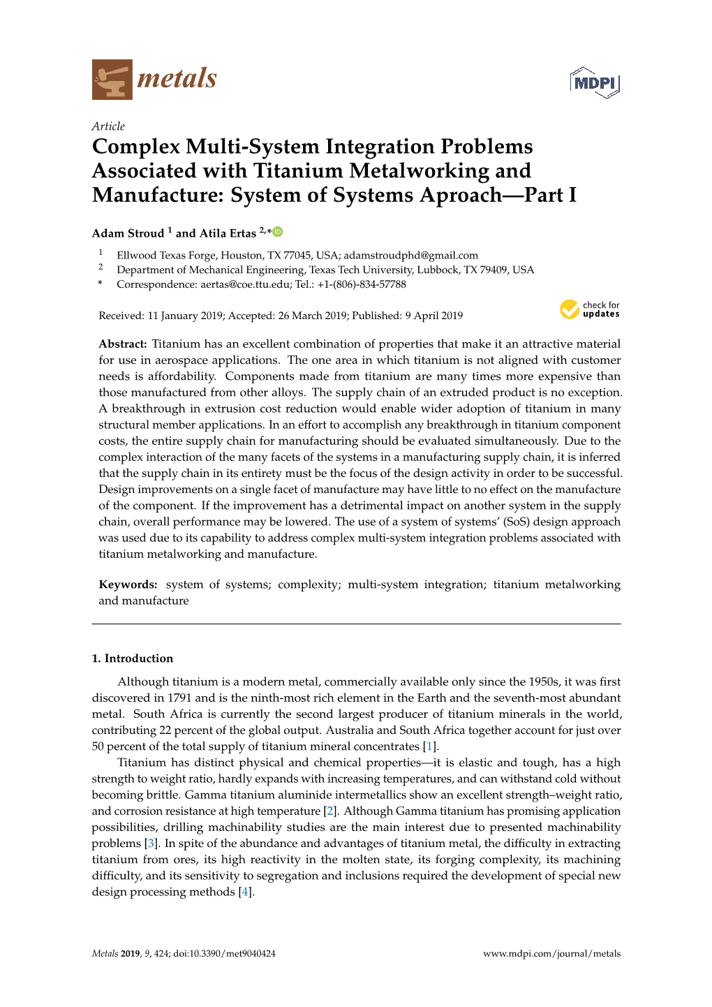 Complex Multi-System Integration Problems Associated with Titanium Metalworking and Manufacture: System of Systems Aproach—Part I