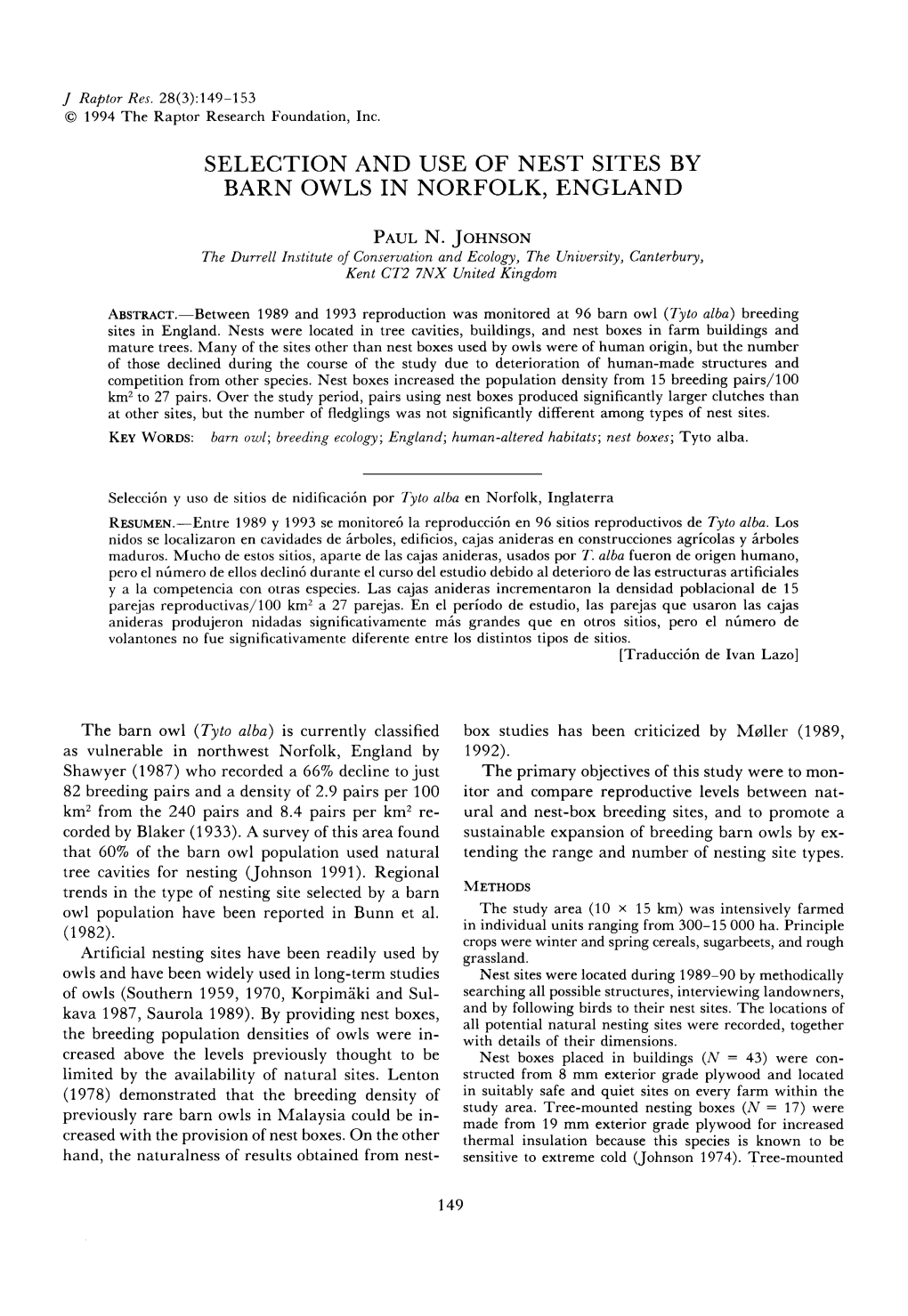 Selection and Use of Nest Sites by Barn Owls in Norfolk, England