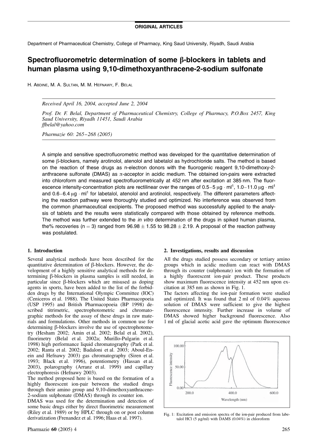 Spectrofluorometric Determination of Some Β-Blockers in Tablets And