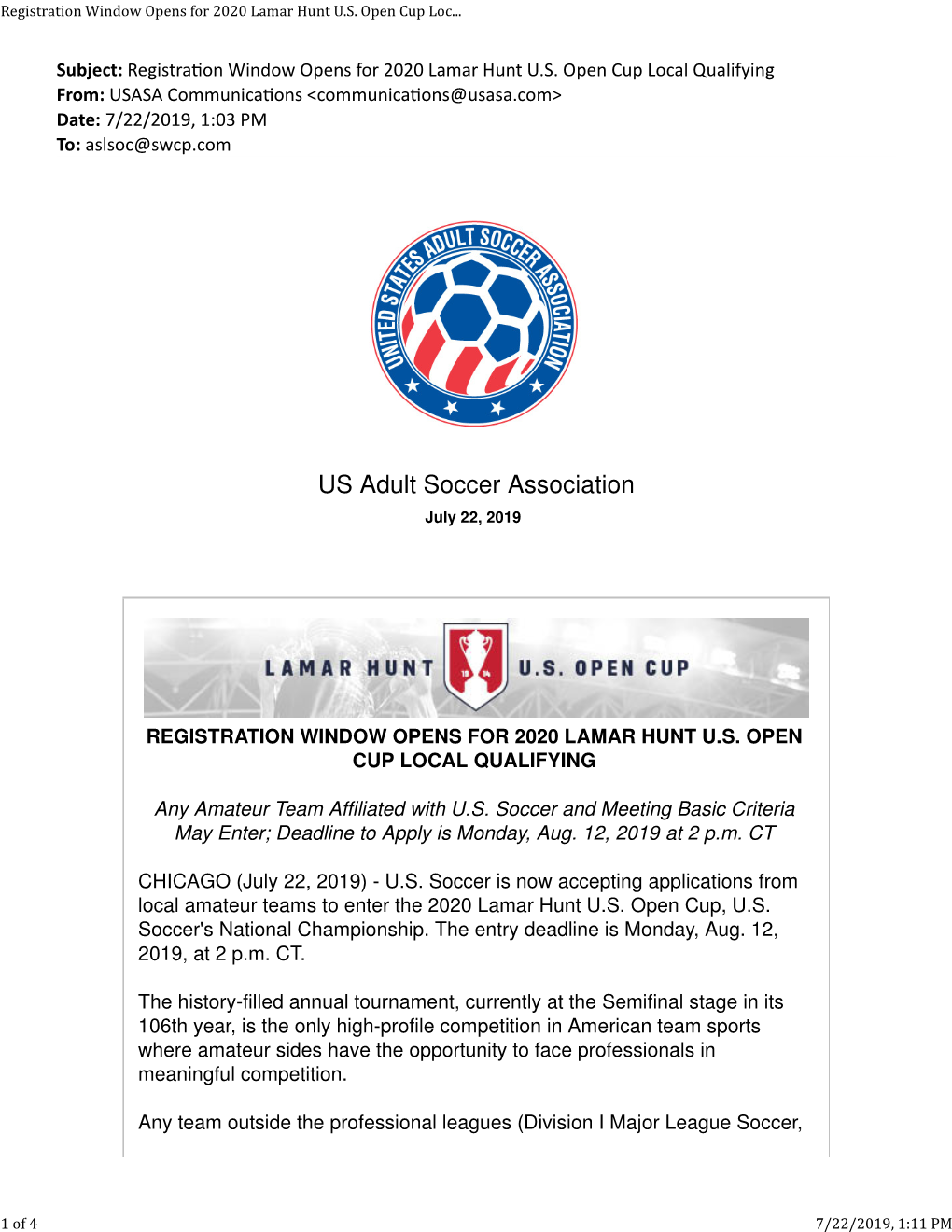 Registration Window Opens for 2020 Lamar Hunt U.S. Open Cup Local Qualifying