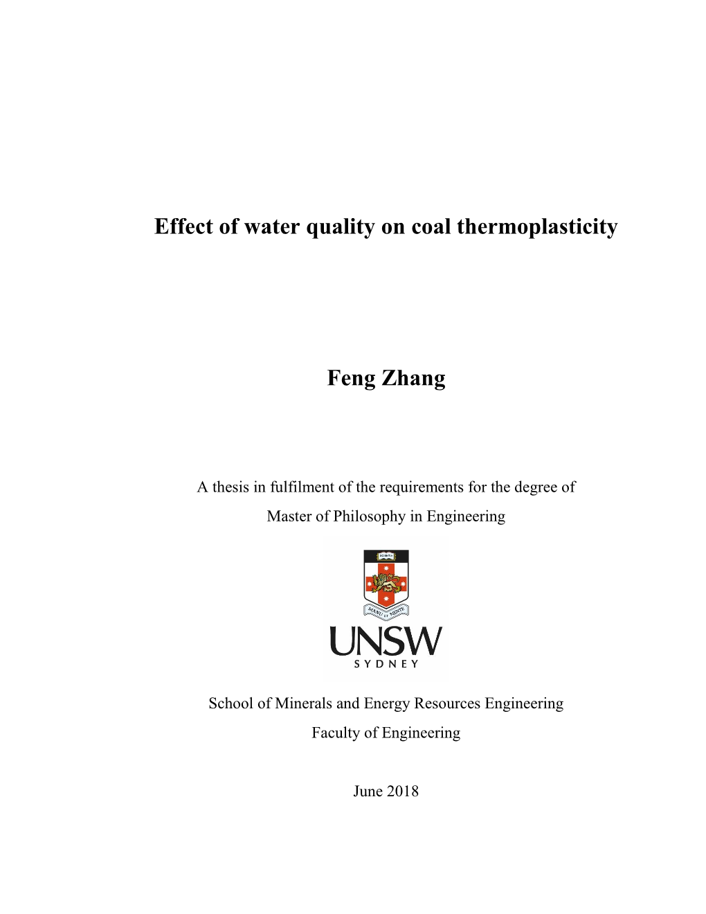 Effect of Water Quality on Coal Thermoplasticity Feng Zhang