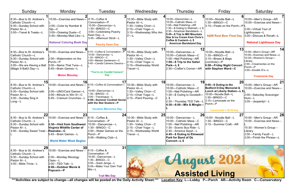 Assisted Living Activities Calendar